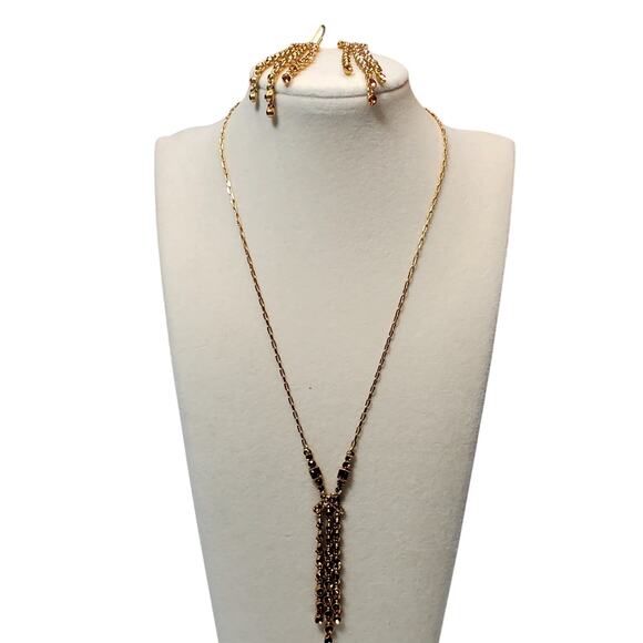 Gold Tone Brown Rhinestone Necklace Earring Set Unsigned 16" Elegant Vtg - Picture 10 of 11